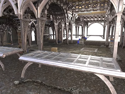 Ornate Arched Metal Structures With Large Workbench Tables And Textured Flooring 3d model