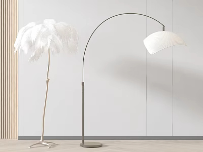 Stylish Modern Floor Lamps Featuring Feather Design and Arched White Shade in Interior Space 3d model