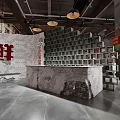 Industrial Style Hotpot Restaurant Interior With Brick Walls Hanging Lamps And Dining Tables