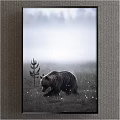 Animal Painting of a Bear Sitting on Grassland with Mountain Background Black and White Style