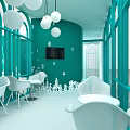 Green Hotel Public Lounge Area With Arched Glass Walls Balcony Lawn And Brick Pavement