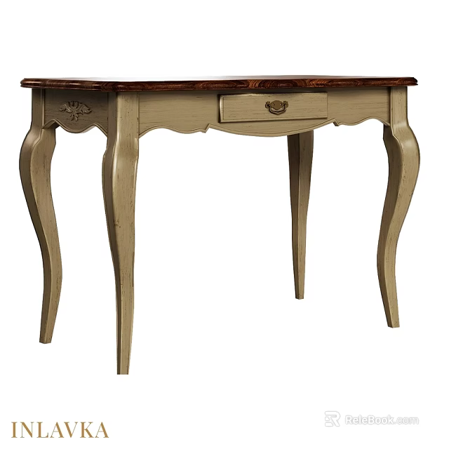 Light Colored Wooden Dining Table With Single Drawer And Elegant Curved Legs 3d model 