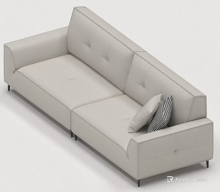 Modern Light Colored Leather Three Seater Sofa With Plaid Pattern Pillow And Black Slim Legs 3d model