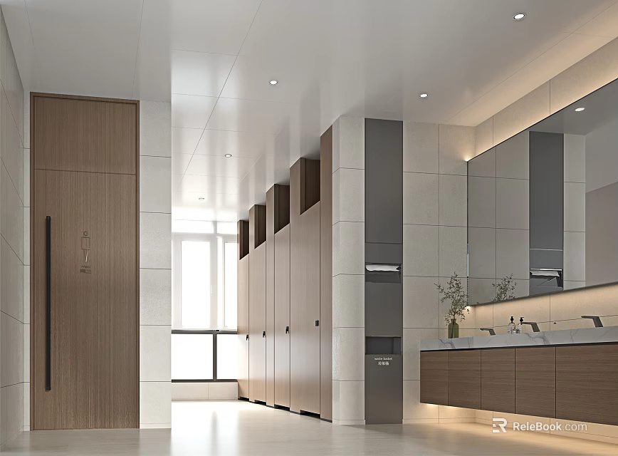Modern Public Restroom Interior With Wooden Partitions Mirrors Washbasins And Bright Lighting 3d model 