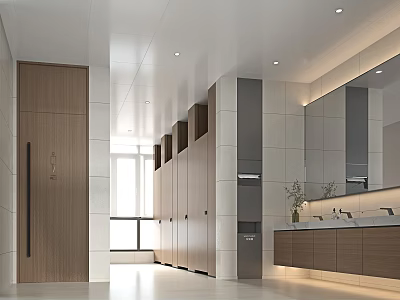 Modern Public Restroom Interior With Wooden Partitions Mirrors Washbasins And Bright Lighting 3d model