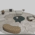 White L Sofa and Green Marble Round Coffee Table Set with Decorative Pillows on Gold Patterned Rug