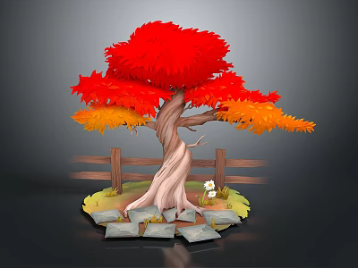 Vibrant Tree With Red And Orange Leaves Thin Trunk Wooden Fence Stones And Small Flowers 3d model