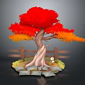 Vibrant Tree With Red And Orange Leaves Thin Trunk Wooden Fence Stones And Small Flowers