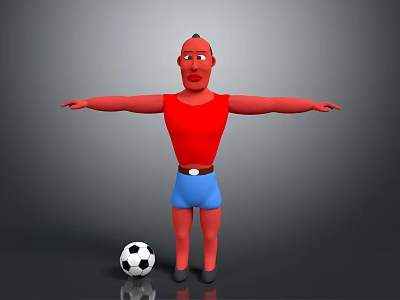 3D Human Character Wearing Red Shirt Blue Shorts with Outstretched Arms and Soccer Ball 3d model
