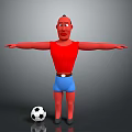 3D Human Character Wearing Red Shirt Blue Shorts with Outstretched Arms and Soccer Ball
