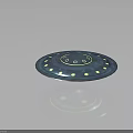 Blue Circular Spacecraft with Yellow Lights and Green Halo in Space