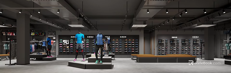 Sports Apparel Store Display With Mannequins Sneakers And Seating Area 3d model 