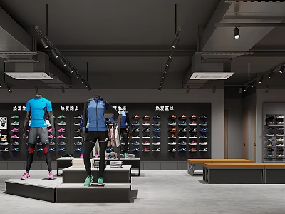Sports Apparel Store Display With Mannequins Sneakers And Seating Area 3d model