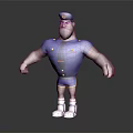 Muscular 3D Cartoon Police Character in Blue Uniform Shorts White Sneakers and Red Striped Socks