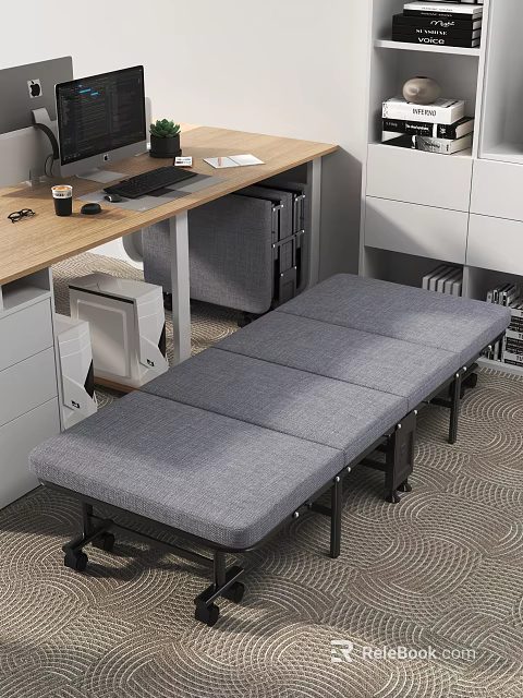 Comfortable Gray Foldable Sofa Bed In Modern Office Workspace Near Desk And Cabinets 3d model 