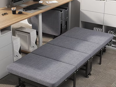 Comfortable Gray Foldable Sofa Bed In Modern Office Workspace Near Desk And Cabinets 3d model