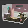 Bathroom Interior With Pink Walls And White Tiles Vanity Mirror Bathtub Toilet And Potted Plant