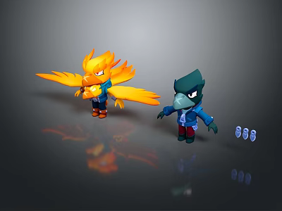 Two Cartoon Bird Like Creatures With Yellow Flame Wings And Blue Beak In Blue Clothing 3d model