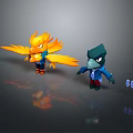 Two Cartoon Bird Like Creatures With Yellow Flame Wings And Blue Beak In Blue Clothing