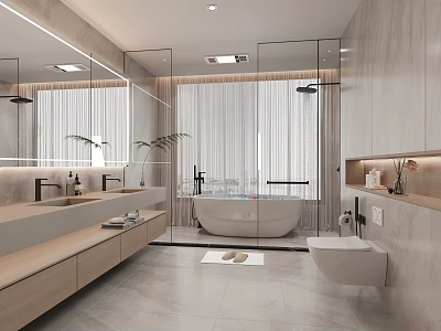 Modern Bathroom Interior Design With Double Sinks Freestanding Bathtub And Large Mirrors 3d model