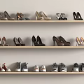Different Types of Shoes Displayed on Wooden Shelves High Heels Flats and Sneakers