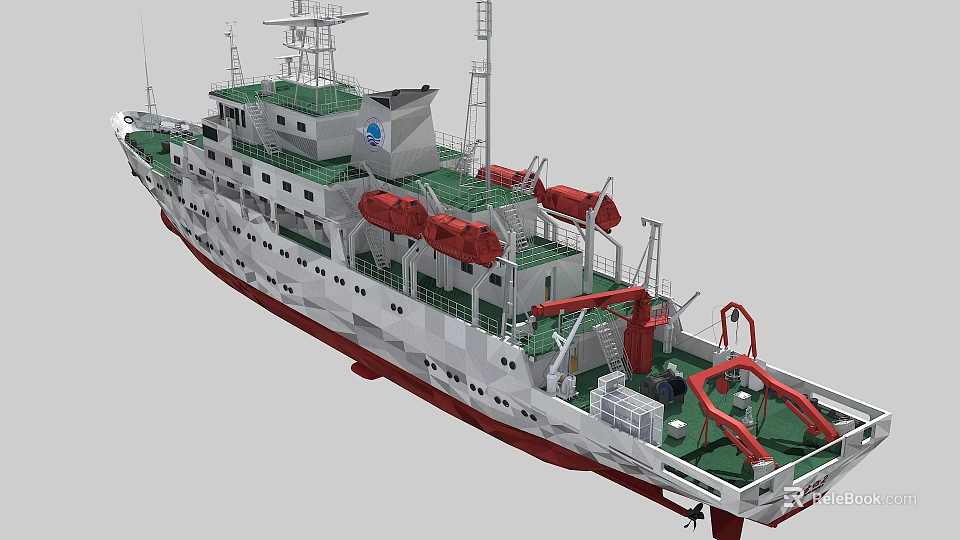 White Red Hull Research Vessel With Green Deck Antennas And Life Saving Equipment 3d model 