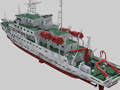 White Red Hull Research Vessel With Green Deck Antennas And Life Saving Equipment 3d model