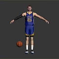Man In Blue Warriors Jersey Standing With Basketball On Floor