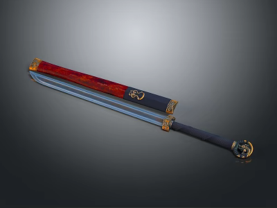 Traditional Decorative Sword with Silver Blade Red Scabbard Black Handle and Golden Ornaments 3d model