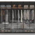 Organized Modern Wardrobe With Hanging Clothes Folded Clothes Drawers Storage Boxes And Shoes