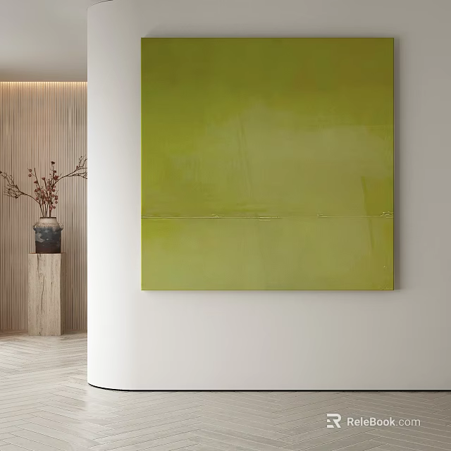 Green Abstract Painting On White Wall With Wooden Pillar And Dried Branch Vase 3d model 
