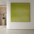 Green Abstract Painting On White Wall With Wooden Pillar And Dried Branch Vase