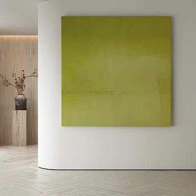 Green Abstract Painting On White Wall With Wooden Pillar And Dried Branch Vase 3d model