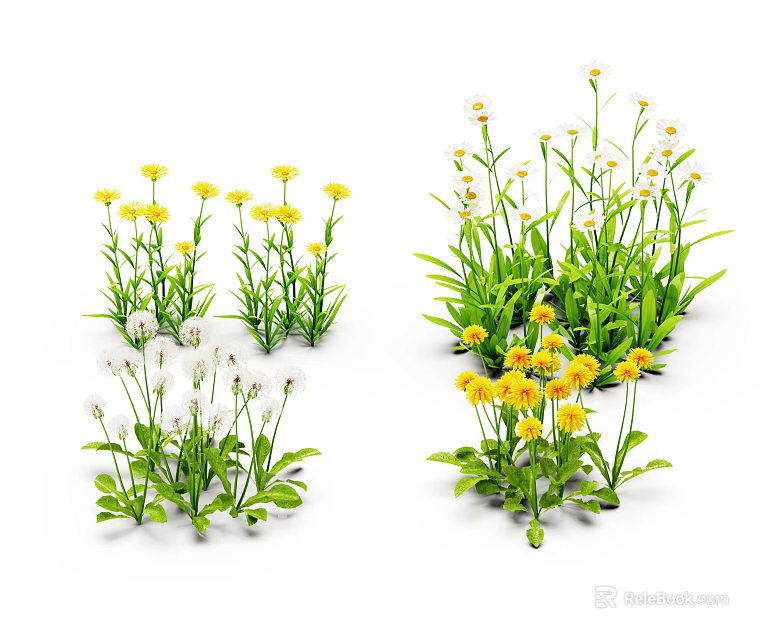 Colorful Flowers And Green Plants With Yellow White Blooms And Fresh Leaves 3d model 
