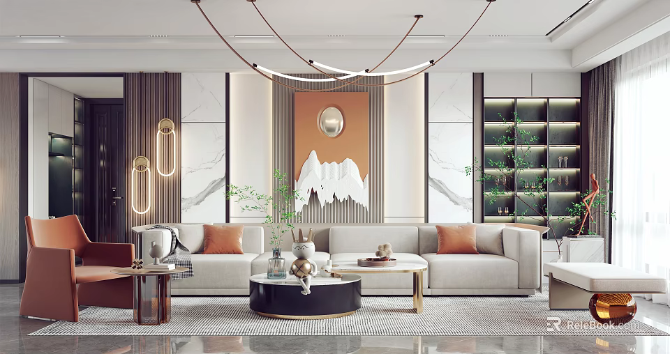 Modern Living Room Interior With Beige Sofa Orange Cushions And Mountain Wall Art 3d model 