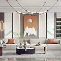 Modern Living Room Interior With Beige Sofa Orange Cushions And Mountain Wall Art