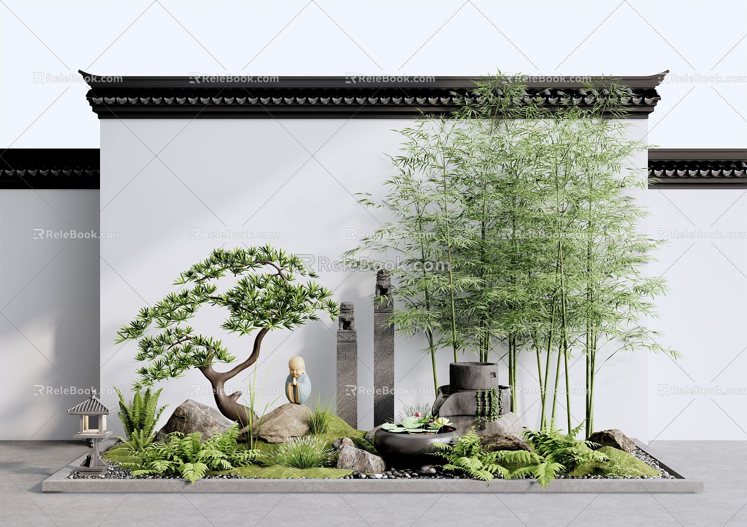 New Chinese style landscape sketch courtyard landscape sketch rockery stone pine bamboo model