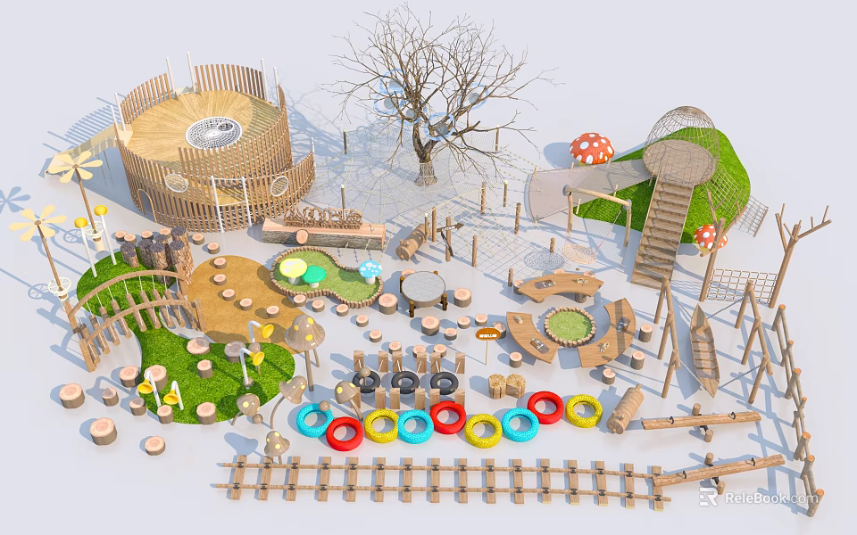 Wooden Outdoor Playground Equipment With Natural Tree Mushroom Shaped Grass Lawn And Colorful Rings 3d model 