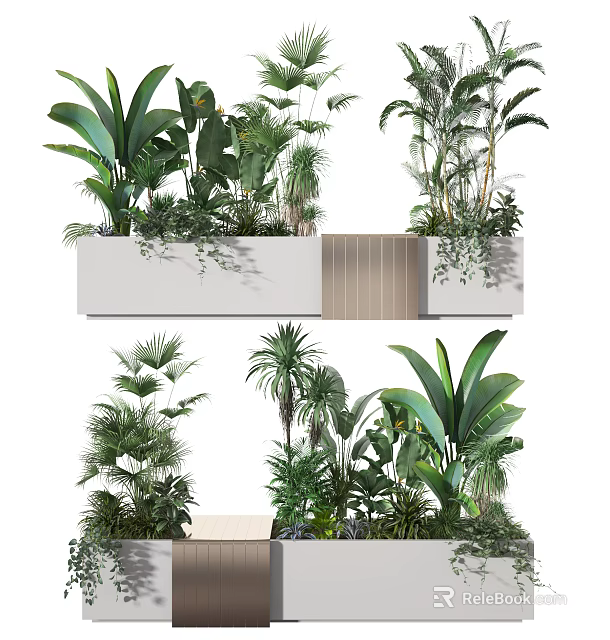 Lush Potted Green Plants With Various Leafy Varieties In Modern Planter Containers 3d model 