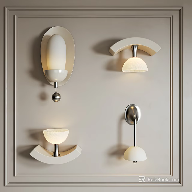 Modern Wall Lamps With Various Designs White Shades And Matte Metal On Light Colored Wall 3d model 