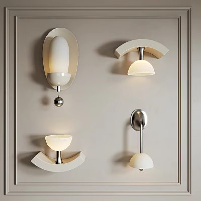 Modern Wall Lamps With Various Designs White Shades And Matte Metal On Light Colored Wall 3d model