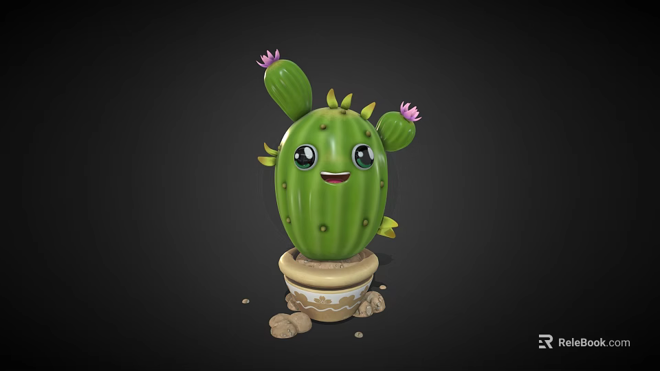 Cute Green Cartoon Cactus With Smiling Face Pink Flowers In Patterned Pot And Small Stones 3d model 