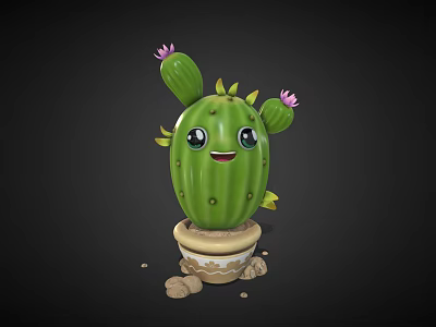 Cute Green Cartoon Cactus With Smiling Face Pink Flowers In Patterned Pot And Small Stones 3d model