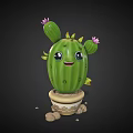 Cute Green Cartoon Cactus With Smiling Face Pink Flowers In Patterned Pot And Small Stones