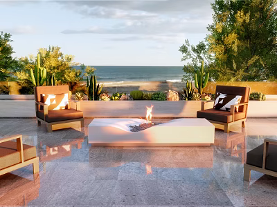 Outdoor Patio Garden With Ocean View Fire Pit Comfortable Chairs And Lush Trees 3d model