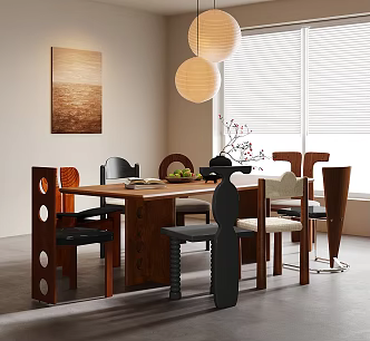 Decorative painting of middle-ancient dining table and chair chandelier 3d model