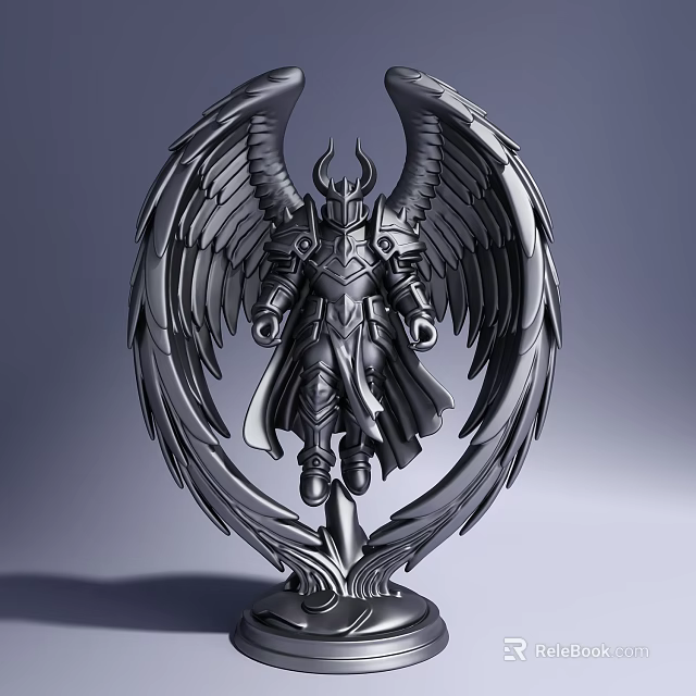 Intricate Armored Warrior Sculpture with Large Wings and Metallic Texture Design 3d model 