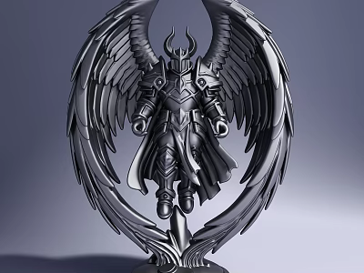 Intricate Armored Warrior Sculpture with Large Wings and Metallic Texture Design 3d model