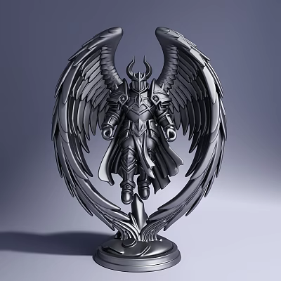 Intricate Armored Warrior Sculpture with Large Wings and Metallic Texture Design 3d model