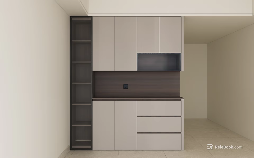 Modern Minimalist Sideboard Design With Light Cabinets Drawers And Dark Open Shelves 3d model 